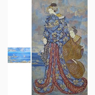 «Луна — путеводный знак —<br />Спросит: «Сюда пожалуйте»<br />Дорожный приют в горах.»<br />холст, акрил, 60x100<br />2003 г.