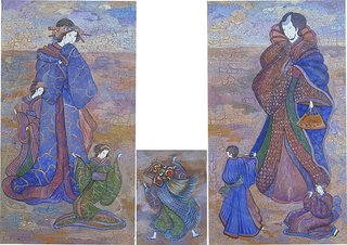 «Нет покоя от детей, Для таких людей, наверно, И вишневый цвет не мил.»<br />2007, canvas, acrylic paints, 2 paintings 80x40, 1 — 30x20