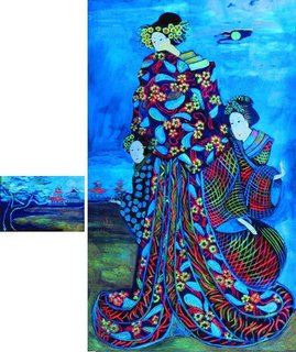 «Луна — путеводный знак —<br />Спросит: «Сюда пожалуйте»<br />Дорожный приют в горах.»<br />canvas, acrylic paints, 60x100<br />2003