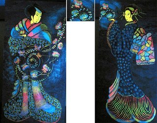 «Вместо того, чтобы нам<br />От любви умирать,<br />Не лучше ли парой<br />Червячков шелковичных<br />Стать, хоть на миг.»<br />2004, canvas, acrylic paints,2 paintings 100x50, 1 — 20x15
